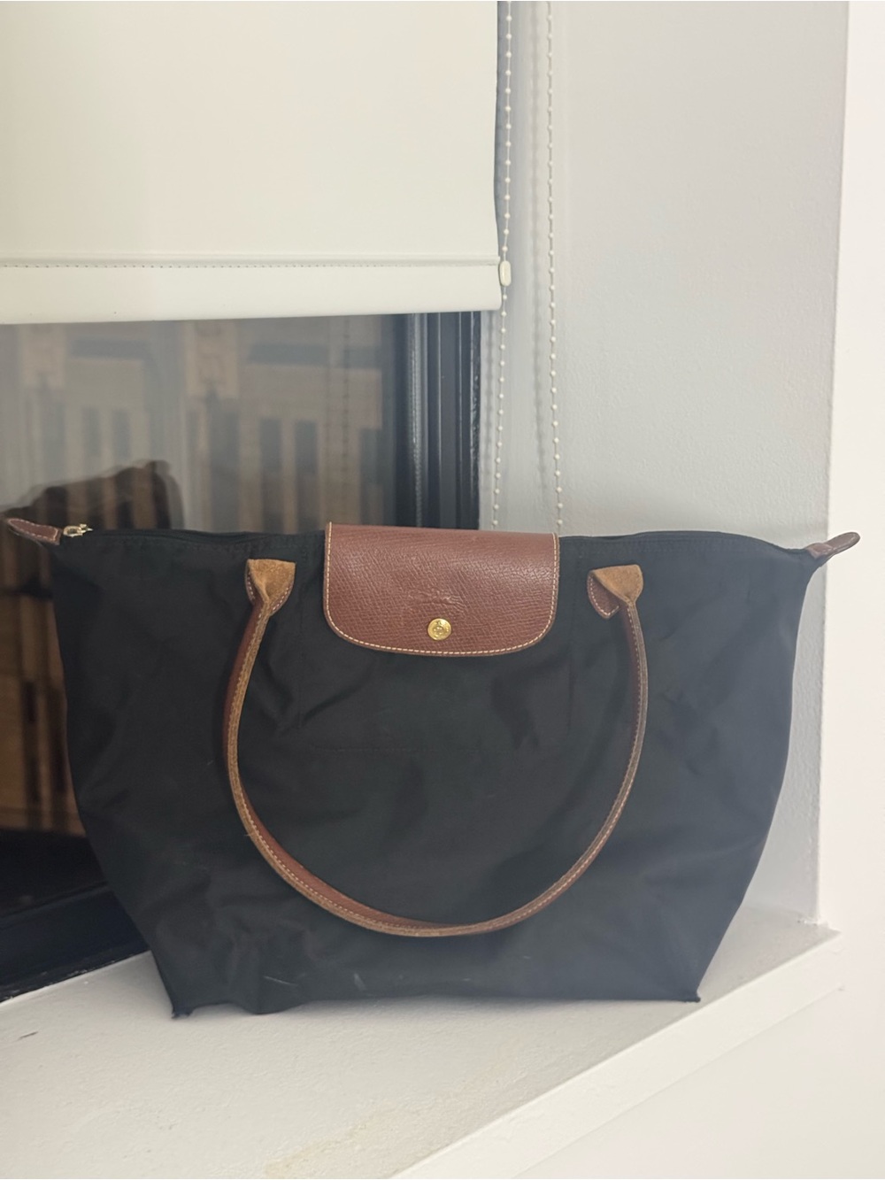 Longchamp Black Tote with Brown Leather Trim